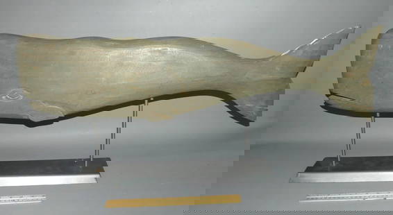 3 FT WHALE ON STAND: Large carved and painted wood whale on stand, 15 in x 35 in. Repair to tail.