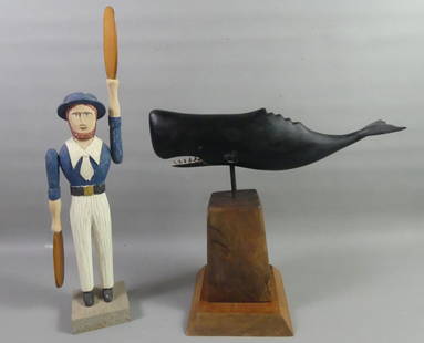 FRANK S. FINNEY WHALE & WHIRLIGIG: Carved wood black whale sculpture on stand signed Frank Smith Finney. Overall 14 in tall, whale is 15 x 4 in. Plus a 20 in carved and painted sailor whirligig, unsigned. (Frank Roland Smith Finney b.