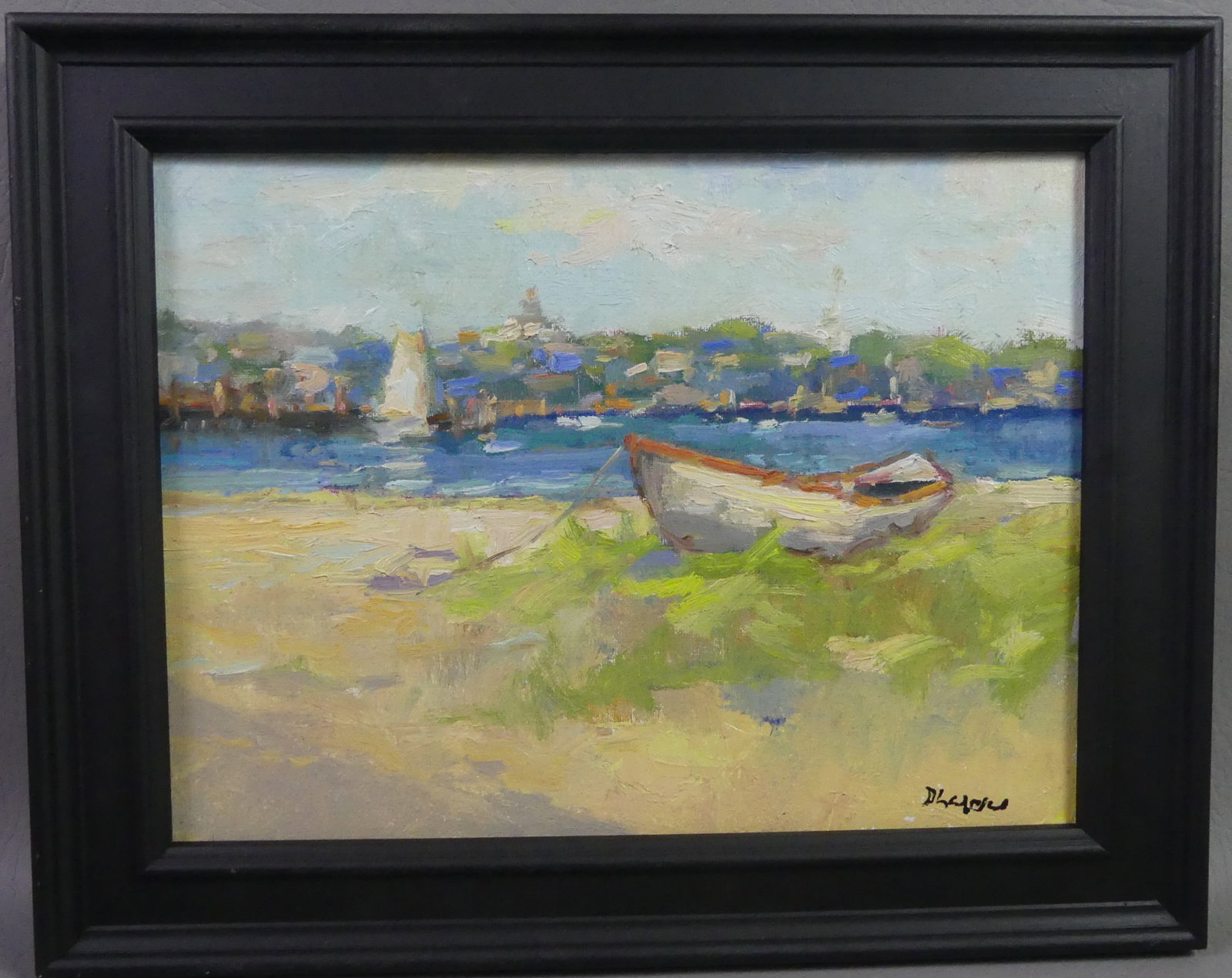 DAVID LAZARUS - NANTUCKET PAINTING: Impressionist oil painting on board of Nantucket harbor with dory on beach titled DOCKED and signed D. Lazarus. 8.5 x 12 in, framed 12 x 15. (David Lazarus b. 1951 is a noted Nantucket artist).