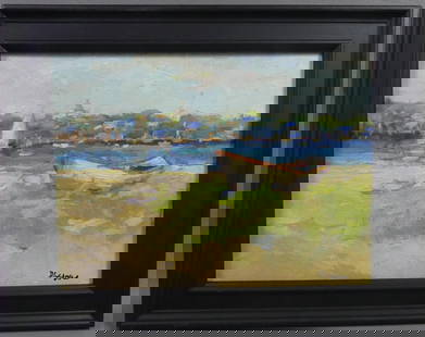 DAVID LAZARUS - NANTUCKET PAINTING: Impressionist oil painting on board of Nantucket harbor with dory on beach titled DOCKED and signed D. Lazarus. 8.5 x 12 in, framed 12 x 15. (David Lazarus b. 1951 is a noted Nantucket artist).