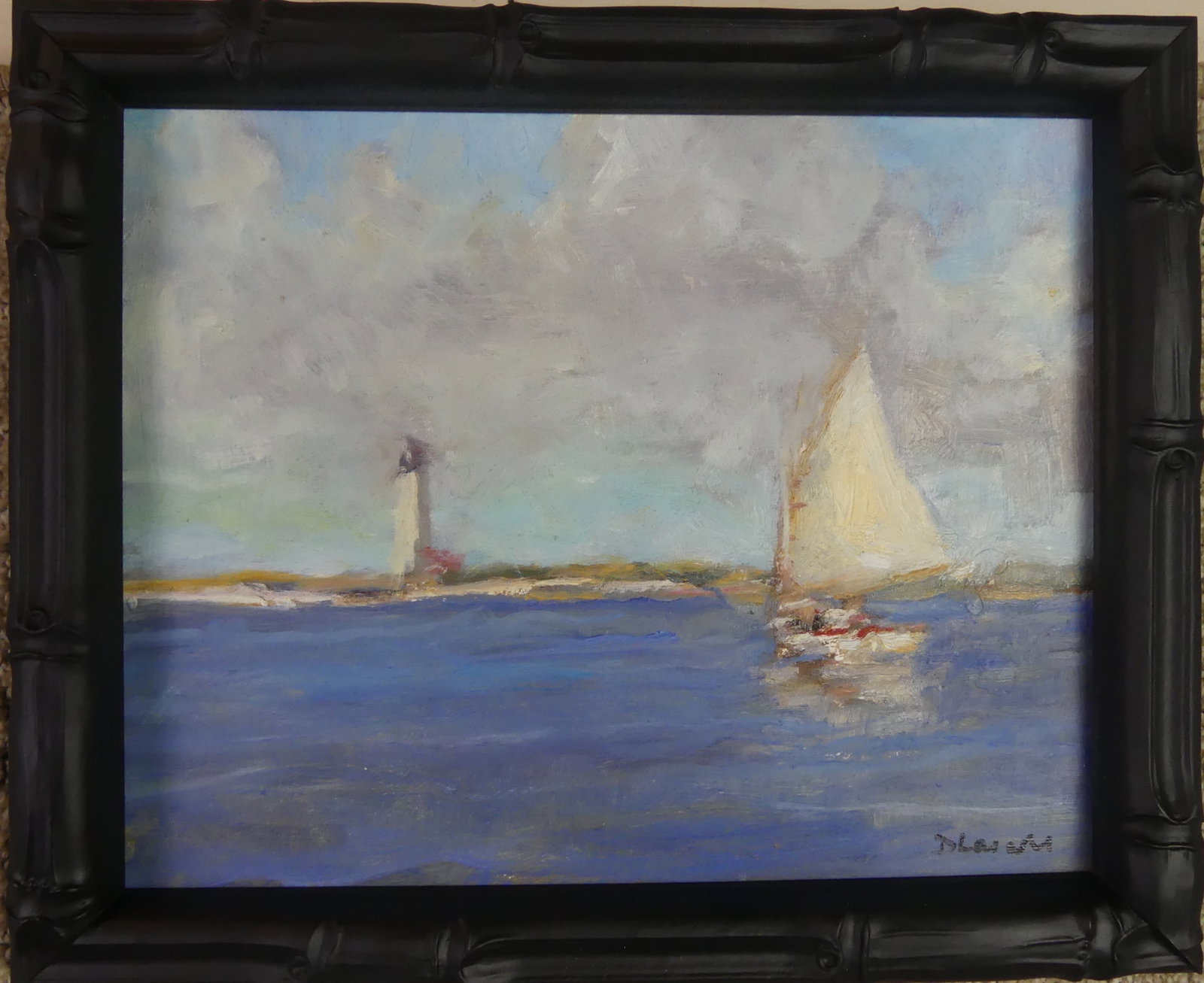 DAVID LAZARUS PAINTING - SAILBOAT & LIGHTHOUSE: Impressionist oil painting on board of a Nantucket seascape with sailboat and lighthouse titled verso --Home Bound--signed D. Lazarus. 8 x 10 in, framed 19.5 x 11.5 in. (David Lazarus b. 1951 is a not