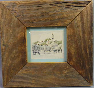D&R BEERS NANTUCKET MINI PAINTING: Miniature watercolor painting of Nantucket harbor signed D&R Beer. Image 3 x 3.5 in, framed 9.5 x 10 in. (Doris and Richard Beer 1898-1967 & 1893-1959 - Nantucket miniaturist artists.)