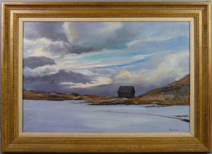M.E. FALCONER - TRURO MA PAINTING: Oil on canvas painting of a cabin in wintry landscape signed Marguerite Falconer 1979 and titled WINTER IN TRURO. 20 x 30 in, framed 26 x 36 in. (ME Falconer 1919-2006 MA artist).