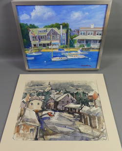 2 NANTUCKET PAINTINGS - BROOKS & FORESTIER: Lot 2 Nantucket paintings: Oil on canvas of harbor scene titled NANTUCKET signed Forestier (Marc Forestier, French b. 1950), 16 x 19 in; and watercolor of downtown Nantucket signed Leonard Brooks