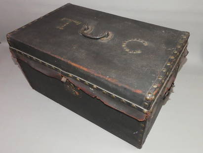TRISTRAM COFFIN 18TH C. NANTUCKET BOX: Leather covered and brass tacked lift top document box from Nantucket with initials TC for the family of Tristram Coffin circa late 1700's. 19.5 x 10 x 11 in. Has iron lock. Some loss to leather trim.
