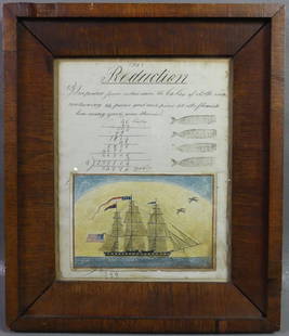 EARLY WHALING DOCUMENT & SHIP: Late 18th/early 19th century framed document with 4 whale stamps (possibly from whaling journal) with a fine watercolor painting with American ship that was affixed to bottom of the page, signed AC