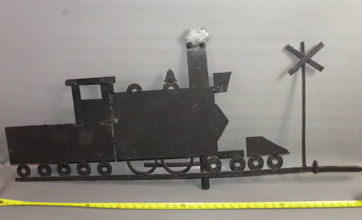 RAILROAD TRAIN WEATHERVANE: Vintage thick sheet metal weathervane in form of a railroad train at a crossing. 48 in long x 21.5 in high.