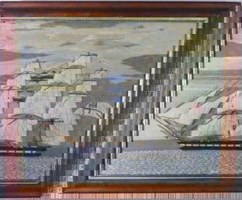 ANTIQUE WOOLWORK PICTURE OF SHIP
