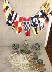 NAUTICAL LOT: GLASS FLOATS, PENNANTS, PULLEYS