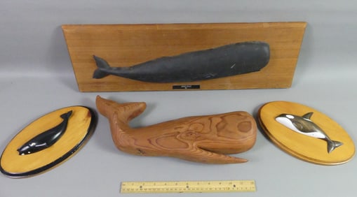 4 CARVED WOOD WHALE PLAQUES