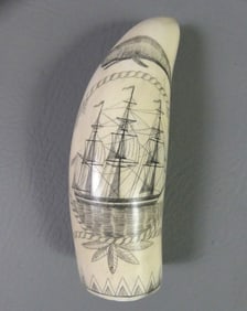 SCRIMSHAW WHALE TOOTH - SHIP ROUSSEAU