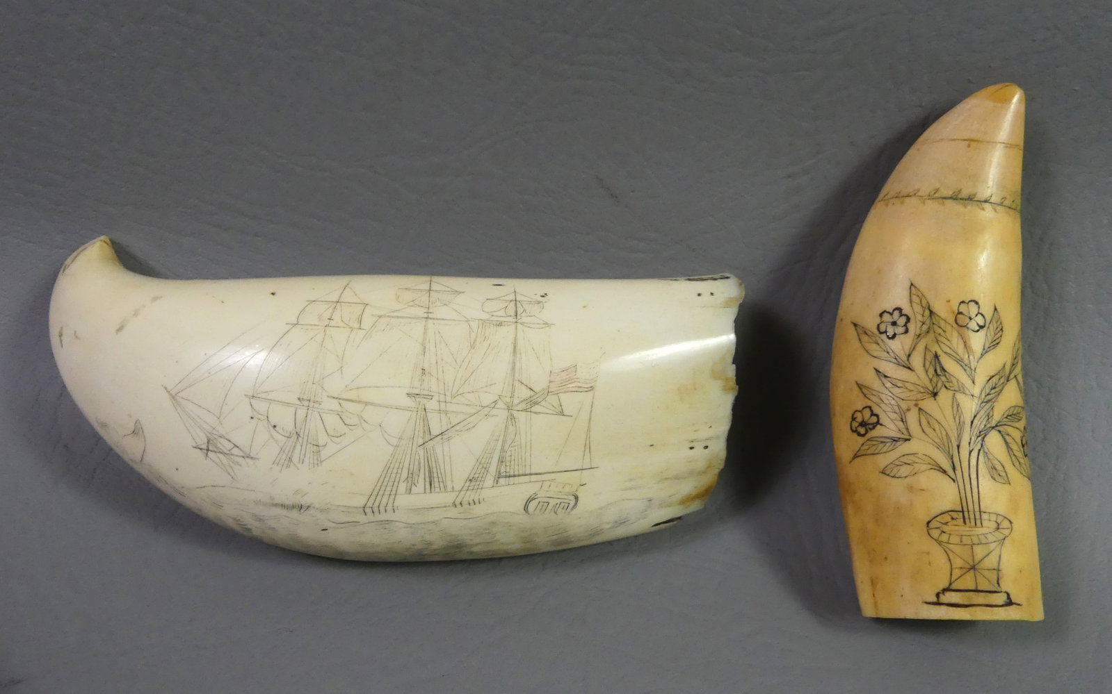2 SCRIMSHAW WHALE TEETH: Lot of 2 scrimshaw whale teeth: Curved tooth with light scrimshwaw of ship ANN ALEXANDER, SUNK BY A WHALE 1851. 5.75 x 2.25 in, weighs 13.4 oz; and small 4 inch memorial tooth with lady mourning besid