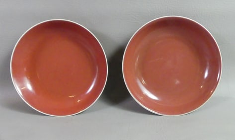 PAIR CHINESE BOWLS - COPPER RED GLAZE - SIGNED