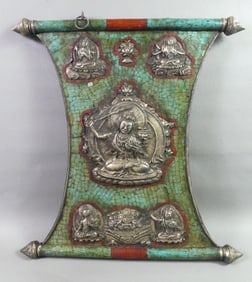 ANTIQUE SILVER & GEMSTONE TIBETAN PLAQUE