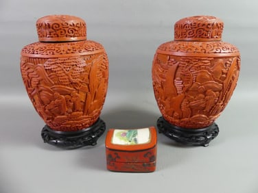 PAIR CHINESE CINNABAR VASES