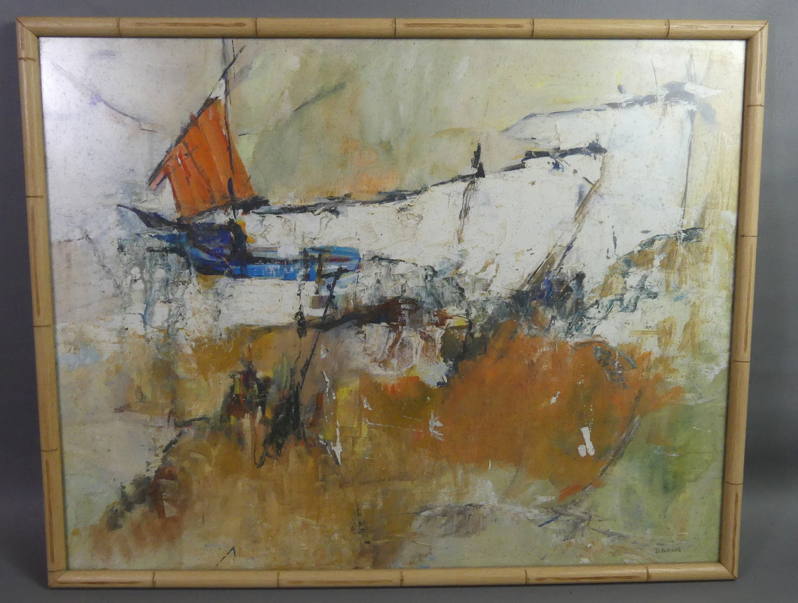 BROCK DAVIS ABSTRACT PAINTING - SAIL: Abstract casein painting under glass of a sailboat in harbor signed BROCK and titled verso ORANGE SAIL. 21.5 x 27.5 in, framed 23.5 x 29.5 in. (Brock Davis is a 20th century MA artist).