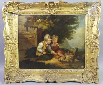 ANTIQUE PAINTING - 2 CHILDREN FISHING