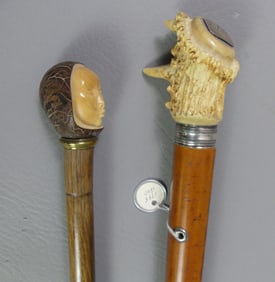 2 ANTIQUE CANES - ANTLER & LADY'S BUST