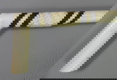 ALL WHALEBONE CAPTAINS CANE: Sailor made all-whalebone cane with smooth handle, 4 baleen strips, and hatchure design on collar. 36.5 in long.