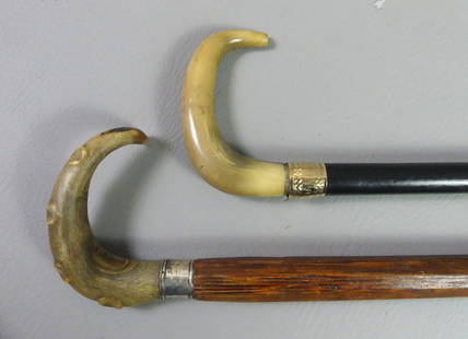 2 ANIMAL HORN CANES: Lot of 2 animal horn-handled canes: ebony shaft with gold engraved WH collar stamped 14k, 34 in long; and one with natural circular designs having sterling silver collar and wooden shaft, 35.5 in