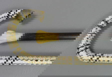 2 CANES: SHARK & BONE KNOB: Lot 2 canes to 35 in: Shark vertebrae with shepherd hook and animal horn spacers; and wood shaft cane with quilted bone 2 in knob handle (no ferrule).