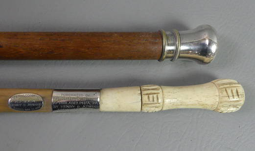 1870 WHALEBONE MASONIC & OAK CANE: Lot 2 canes or walking sticks: Carved whalebone handled knobby wood cane with nickle plated collars engraved PURCHASED AT CENTENNIAL GROUNDS AT PHILADELPHIA PA BY HENRY ATWOOD, HARTFORD CT. 1876 and