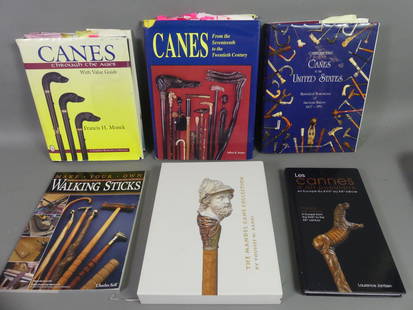 6 BOOKS ON ANTIQUE CANES: Group of 6 reference books on canes as displayed, 5 are hardcover and 1 is soft cover on walking sticks. Nicely illustrated, great for collectors.