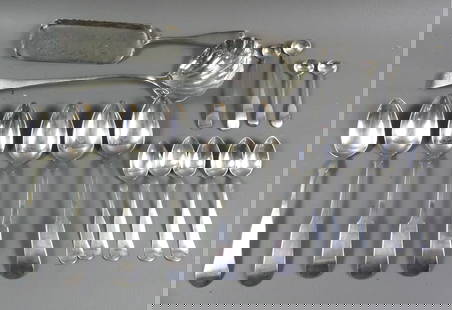 LOT OF COIN & STERLING SILVER FLATWARE: 17 pieces of coin and sterling silver flatware items including large English 13.5 in ladle (worn marks); coin silver ice cream slice (crack); 6 large tablespoons (ass'd coin & sterling), 9 in long; se
