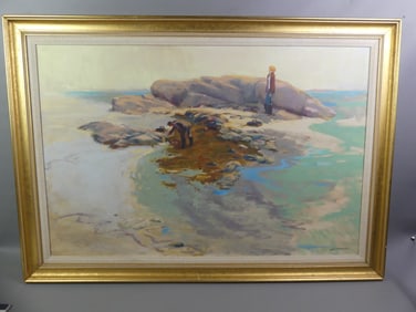 LARGE PAINTING OF SEASHELL GATHERERS - JOHN PAUPLIS