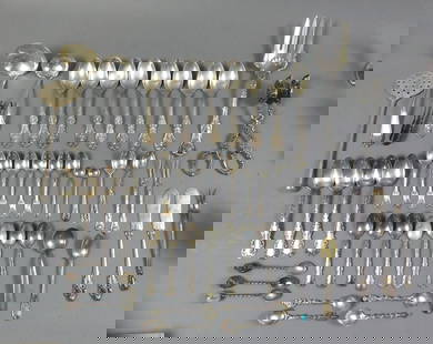 LOT ASSORTED STERLING FLATWARE: Large lot assorted sterling silver flatware including set 8 Francis 1st teaspoons by Reed and Barton; Set 6 Whiting demitasse spoons; 9 in serving fork, pair cocktail forks; fancy serving tongs, etc.