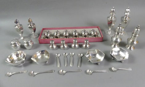 STERLING SALTS, SHAKERS & SPOONS