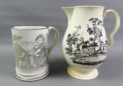 2 CREAMWARE PIECES: HUNT JUG & MUG