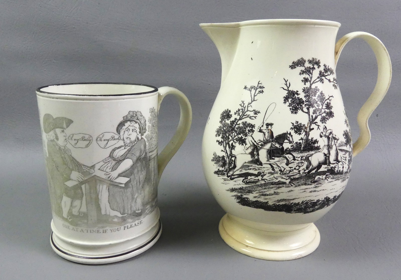 2 CREAMWARE PIECES: HUNT JUG & MUG: Lot of 2 early 19th century Liverpoon creamware pieces: 8.5 in jug with black transfer designs of English hunters; and 6 in tall large mug with transfer designs of a couple MATRIMONY/COURTSHIP and rev