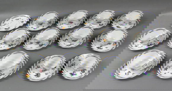 GINORI ITALIAN FRUITS CUPS & SAUCERS: 27 pieces total: Set of 11 cups and 12 saucers plus 2 demitasse cups and saucers by Richard Ginori in the Italian Fruit design. Cups are 3.5 in by 2 in, saucer is 6 in (demitasse cups 2.75 x 2 in, sau