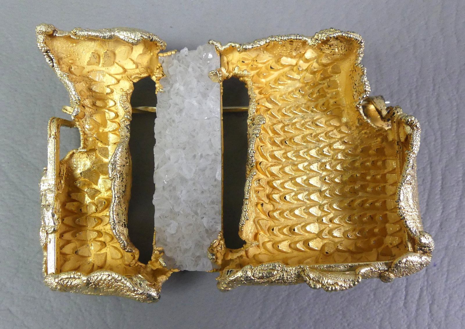 S. LECHTZIN MODERNIST VERMEIL BROOCH: Rare gilt silver mid-century modern sculptural brooch stamped S. Lechtzin, Sterling with his circular hallmark. It is in a free-form design with a vertical quartz crystal bar. 3 in long x 2.25 wide. W
