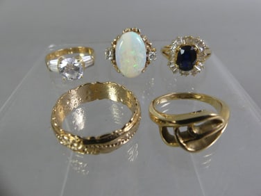 FIVE 14K GOLD GEMSTONE RINGS