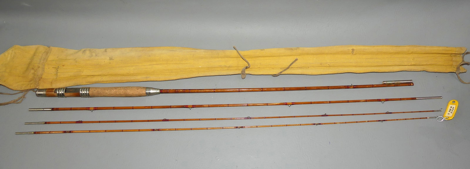 ORVIS FLY FISHING ROD R834: Antique bamboo fly fishing rod signed CF Orvis Manchester VT pat. 1882. Three section with extra end piece. Has tag with #R834x. Total length of 3 sections about 104 inches. Good condition with origin