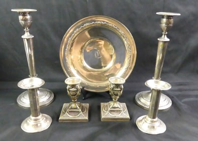 GROUP OF SILVER ITEMS & CANDLESTICKS