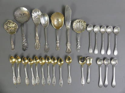 LOT STERLING SILVER FLATWARE: Assorted group sterling silver: 10 parcel gilt demitasse spoons with French hallmarks; 8 demitasse or sugar shell spoons by Gorham in Revere pat, 4.5 in; 2 sugar shovels; and 7 assorted serving pieces