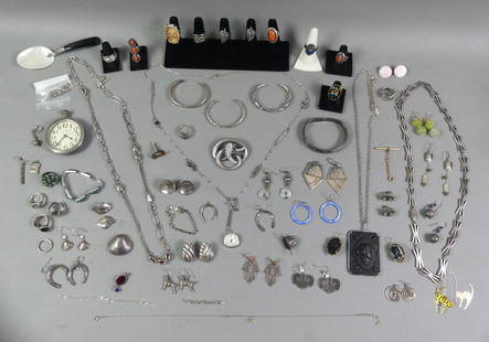 LARGE LOT STERLING JEWELRY: Large lot mostly sterling silver jewelry including 5 necklaces, bakelite 2.5 in portrait necklace and earrings, 15+ rings including 14k French, 2.5 in Waltham stop watch, snake brooch, abalone spoon,