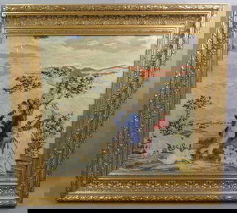 VICTORIAN NEEDLEPOINT PICTURE: Victorian needlepoint framed picture depicting a couple in landscape with sheep. 19 x 20 inches, framed 27 x 28 in. VG condition.