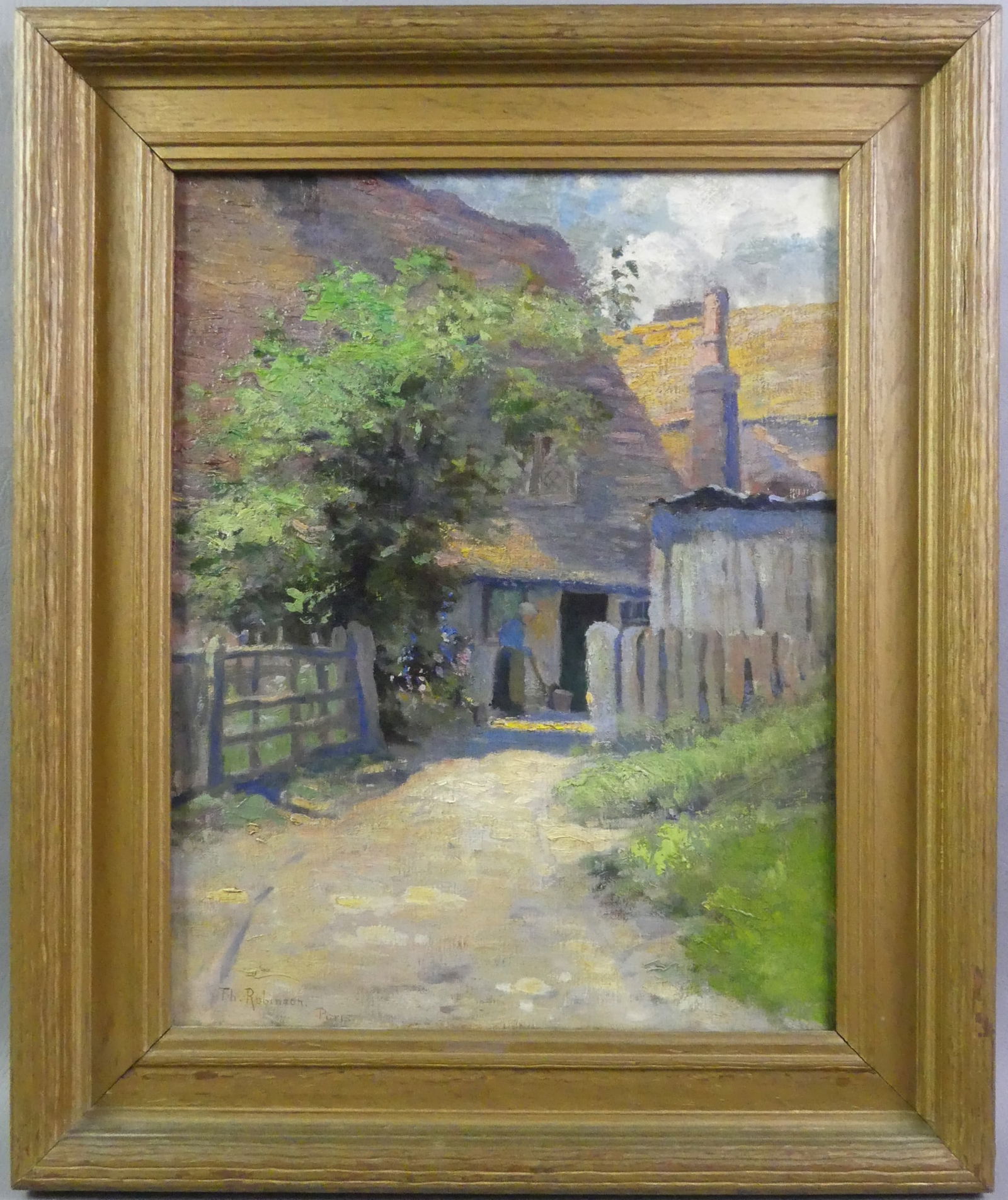 THEODORE ROBINSON - FRENCH OIL PAINTING: Impressionist oil painting on canvas depicting a woman doing chores outside a French farmhouse signed Th. Robinson, Paris. 18 x 14 in, framed 23 x 19.5 in. (Theodore Robinson 1852-1896 was active in N