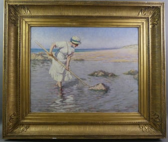 L. TANQUERAY - PAINTING OF WOMAN CLAMMING
