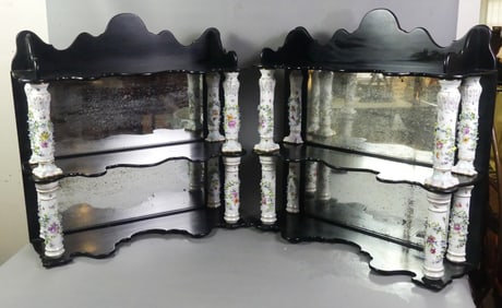 PAIR DRESDEN & EBONY WALL SHELVES