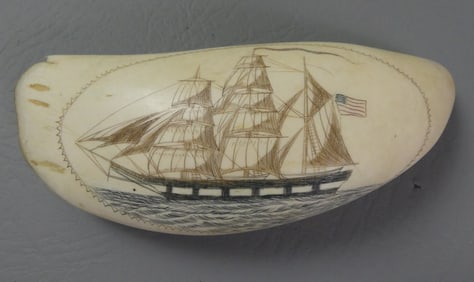 SCRIMSHAW WHALE TOOTH - WHALE & BASKET