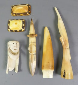 6 INUIT CARVED BONE ITEMS
