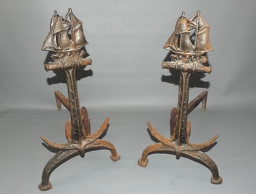 PAIR OLD ANDIRONS WITH SHIP