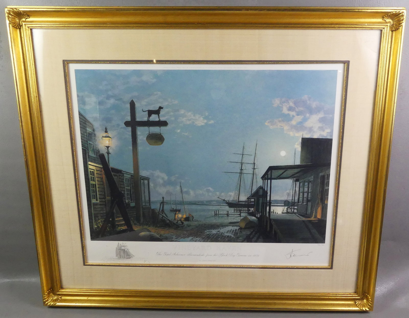 JOHN STOBART PRINT - VINEYARD HAVEN: Large colored limited edition print titled --Vineyard Haven, Topsil schooner Shenandoah from the Black Dog Tavern, 1984-- by John Stobart #734/750. Pencil signed and numbered with small pencil drawing