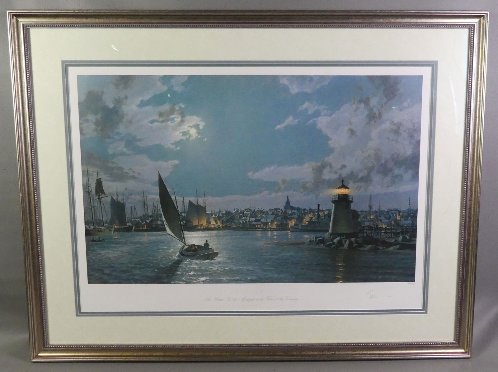 JOHN STOBART PRINT - NANTUCKET: Large colored limited edition print titled --Nantucket Island Port by Moonlight at Turn of the Century -- by John Stobart #368/650. Pencil signed and numbered, copyright 1990. 33 x 42.5 overall, 23 x