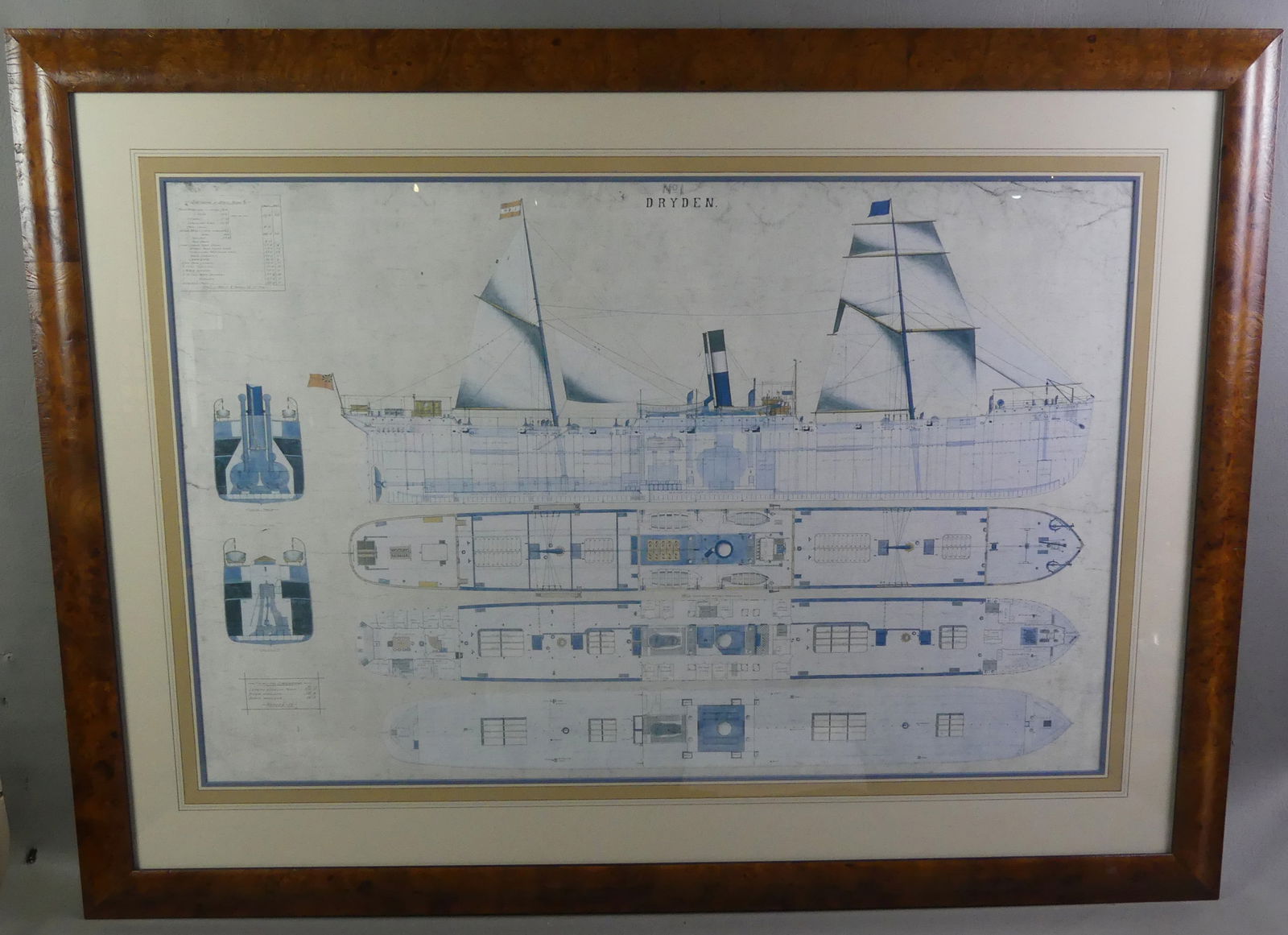 SHIP SCHEMATIC PRINT - DRYDEN: Large decorative, nicely framed and matted, schematic print of a ship titled NO. 1 DRYDEN. Overall size 33.5 x 44.5 in